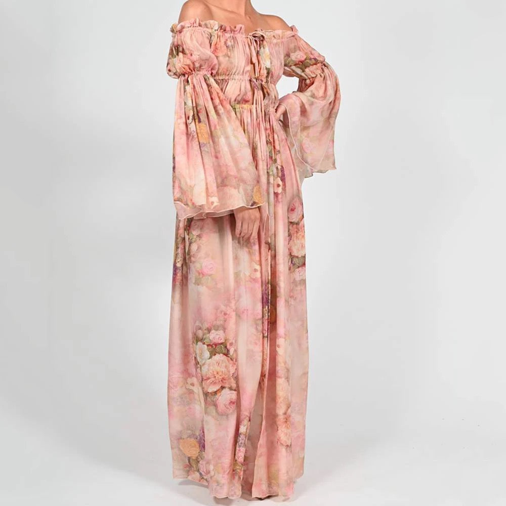 Langärmliges Chiffon-Maxikleid mit Schulterpartie und Schlitz