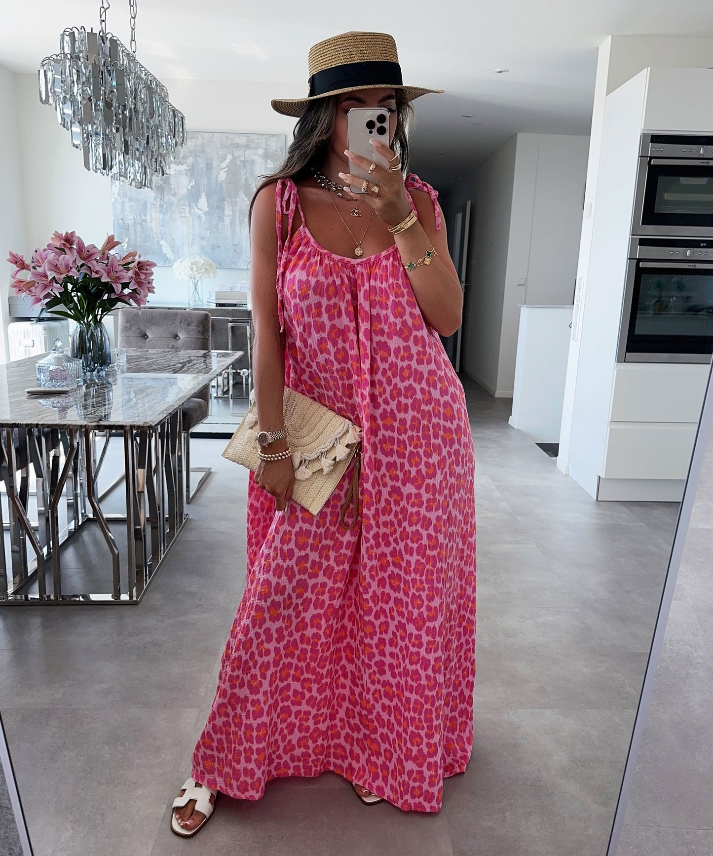 Rosa Leo-Print Maxikleid