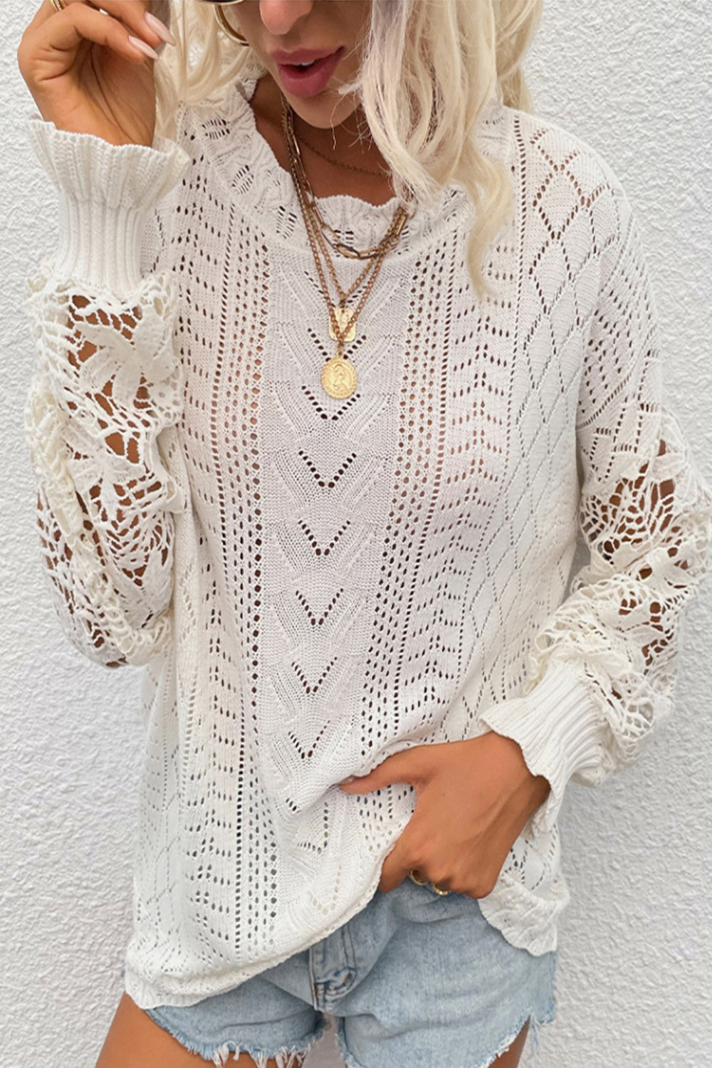 Woven Patchwork Jumper with Openwork Detail