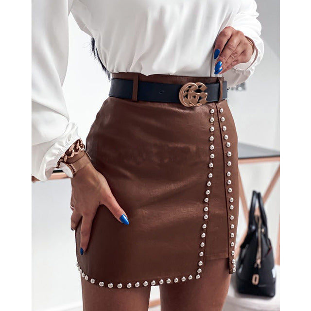 Stylish Women's PU Leather Skirt with Rivets by WOLFFMODE