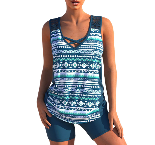 Geometric V-Neck Tankini Set for Summer by WOLFFMODE