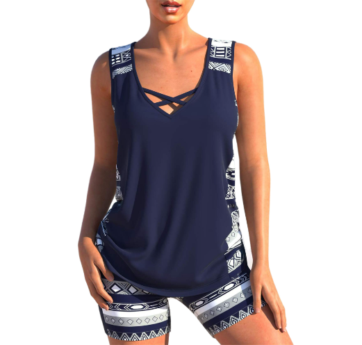 Geometric V-Neck Tankini Set for Summer by WOLFFMODE