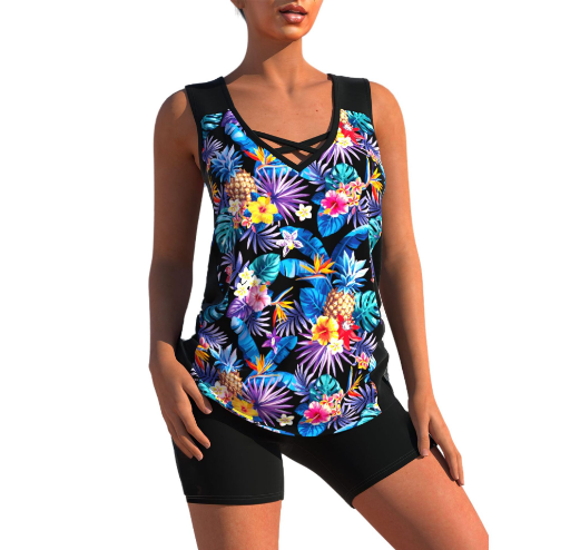 Geometric V-Neck Tankini Set for Summer by WOLFFMODE