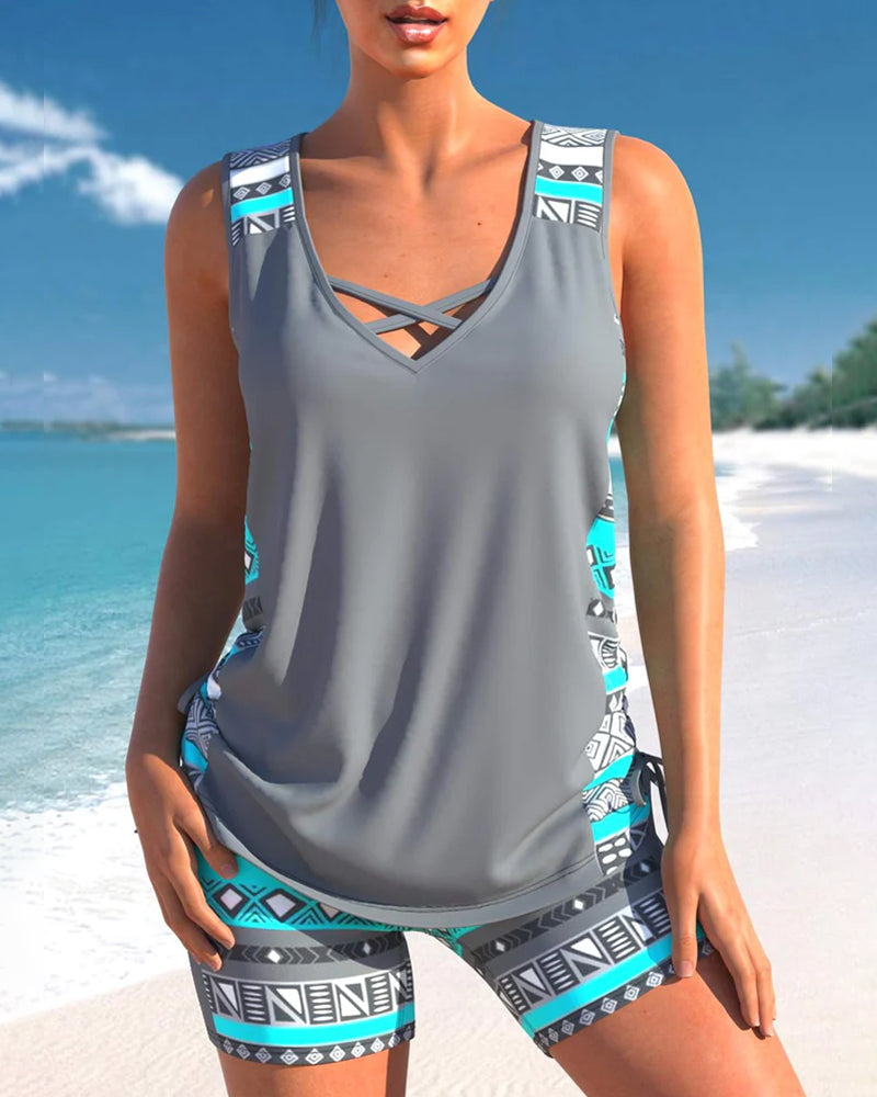 Geometric V-Neck Tankini Set for Summer by WOLFFMODE