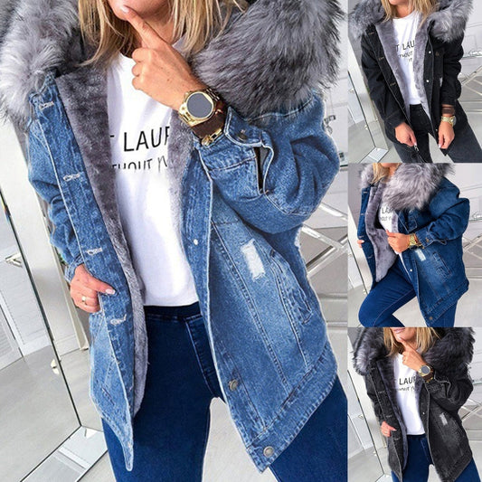 Jeansjacke mit Fellbesatz