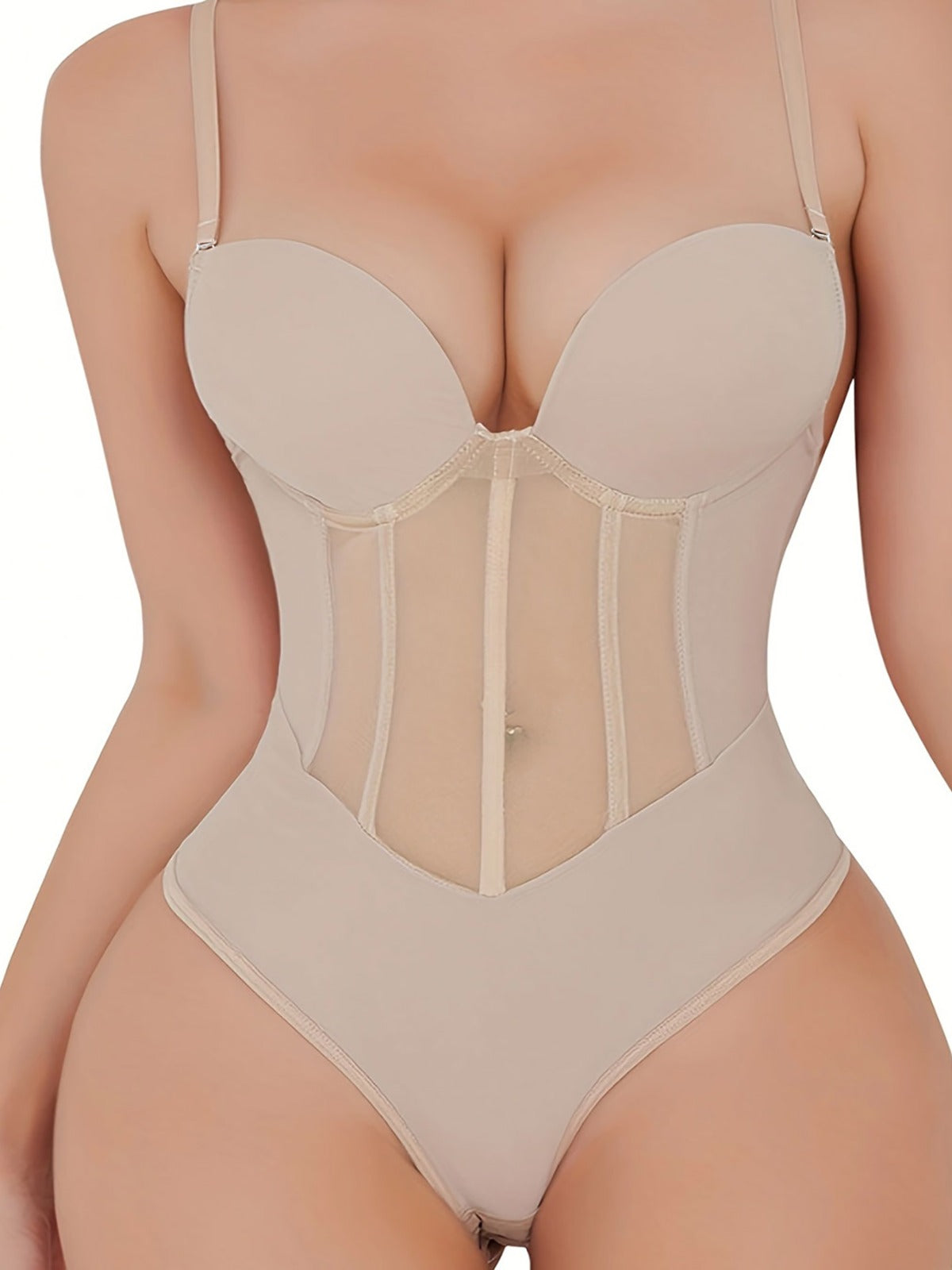 Rückenfrei Bodysuit für Damen mit Bauch Kontrolle, durchsichtigem Mesh Korsett und Tanga Schnitt