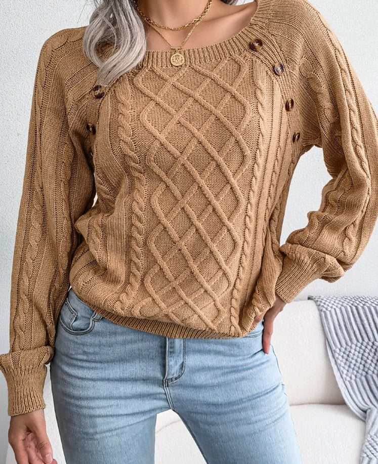 Elegant Women's Knit Pullover with Buttons and Ribbed Detail by WolffMode