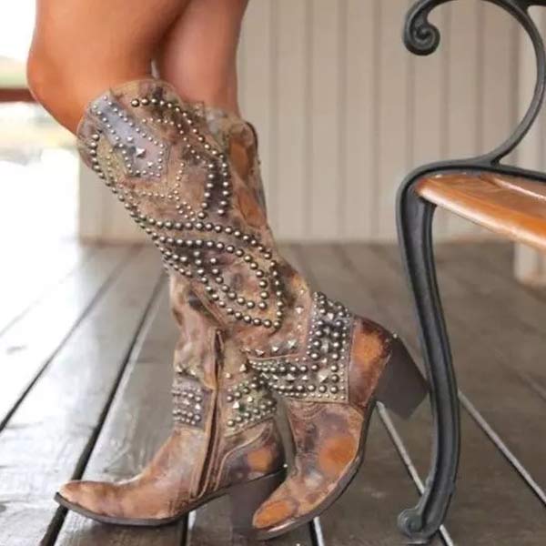 Lilybell™: Metallic-Studded Ankle Boots with Block Heels