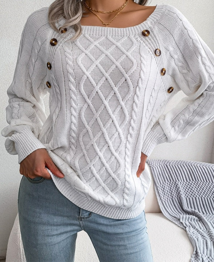 Elegant Women's Knit Pullover with Buttons and Ribbed Detail by WolffMode