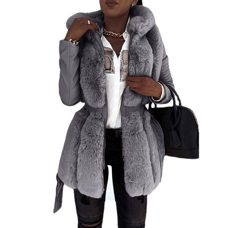 Women's WolffMode Style Fur Belt Hooded Zipper Jacket