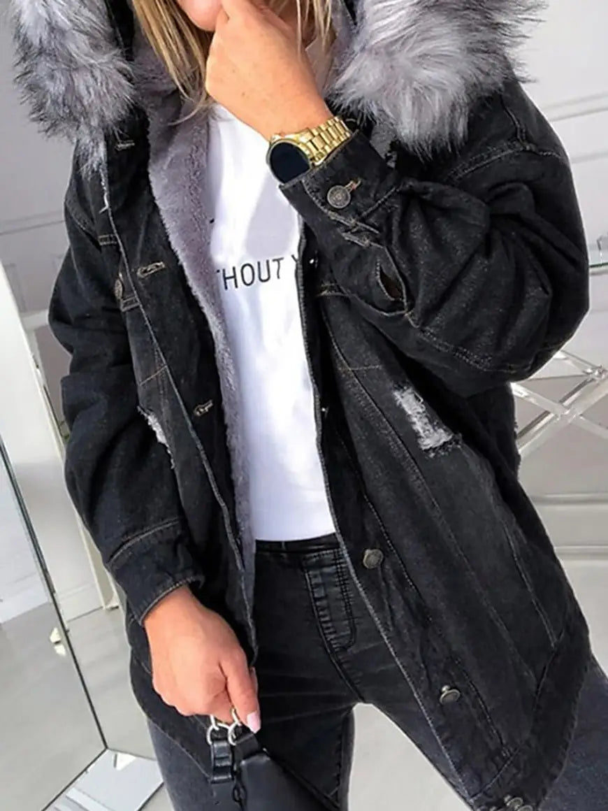 Jeansjacke mit Fellbesatz