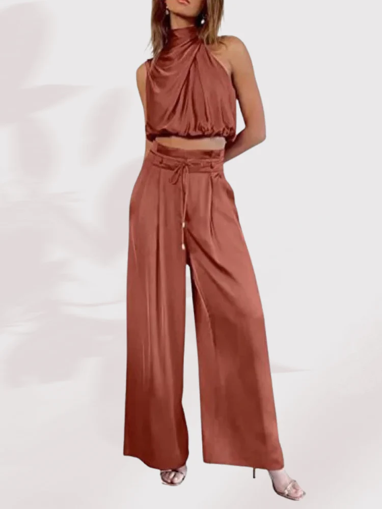 Zweiteiliges Set: Satin-Crop-Top und weite Hose mit Plissee