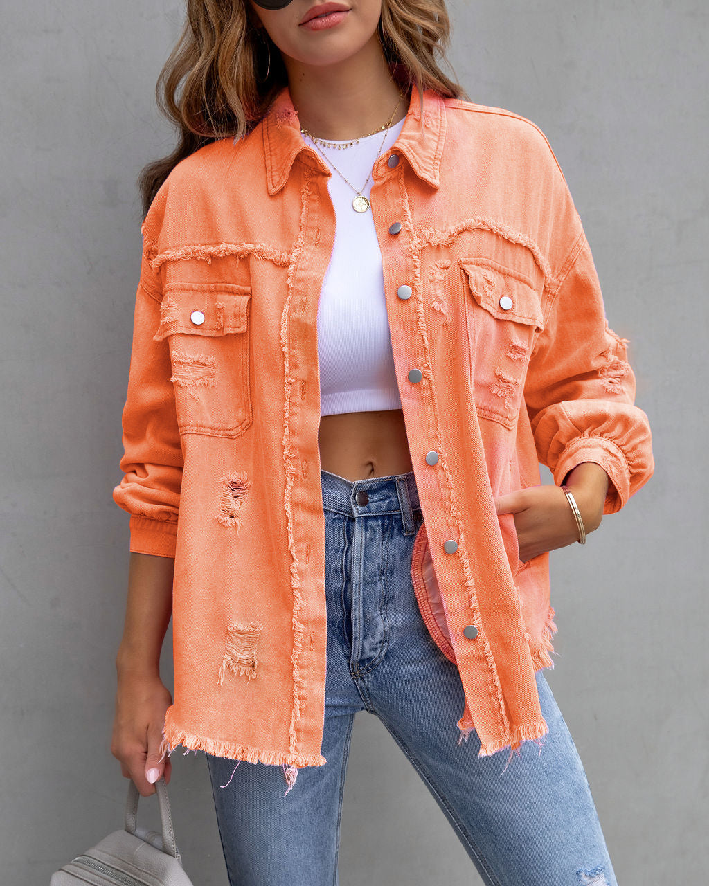 Women's Casual Destroyed Shirt Jacket for Spring and Autumn