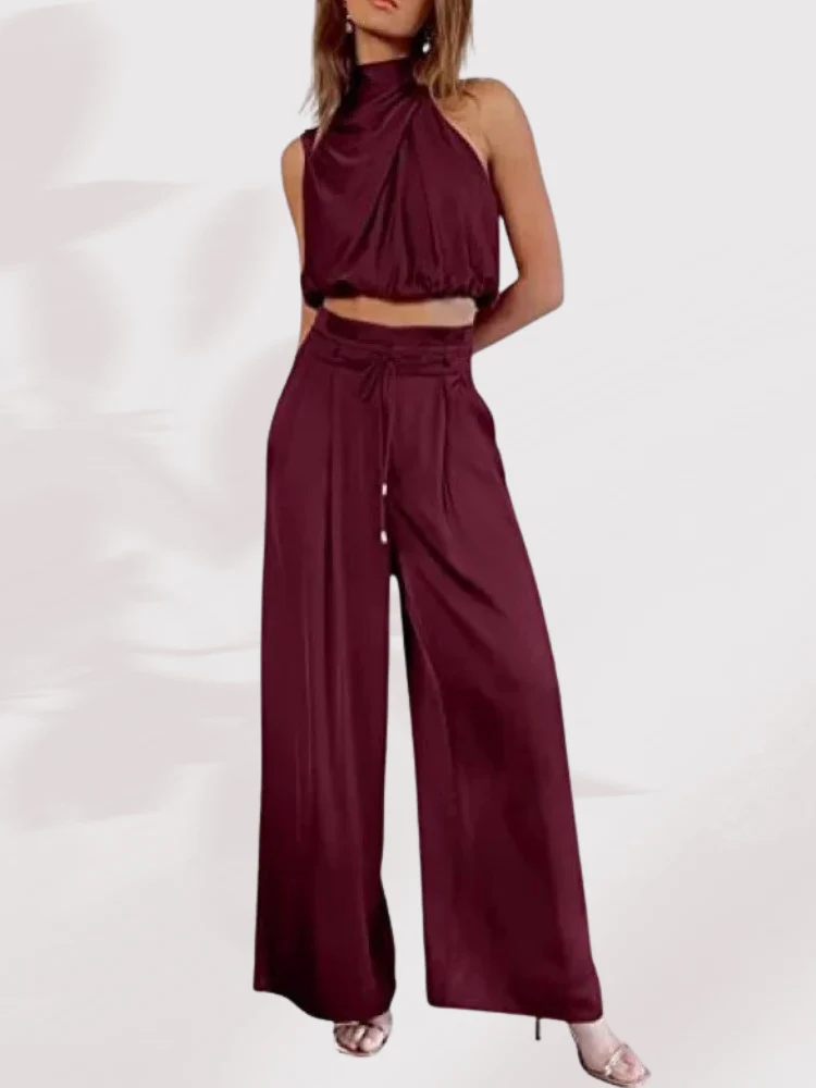 Zweiteiliges Set: Satin-Crop-Top und weite Hose mit Plissee