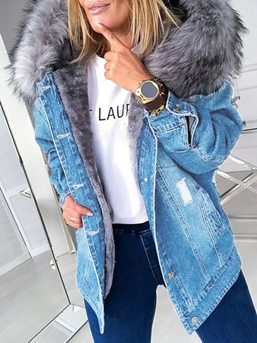 Jeansjacke mit Fellbesatz