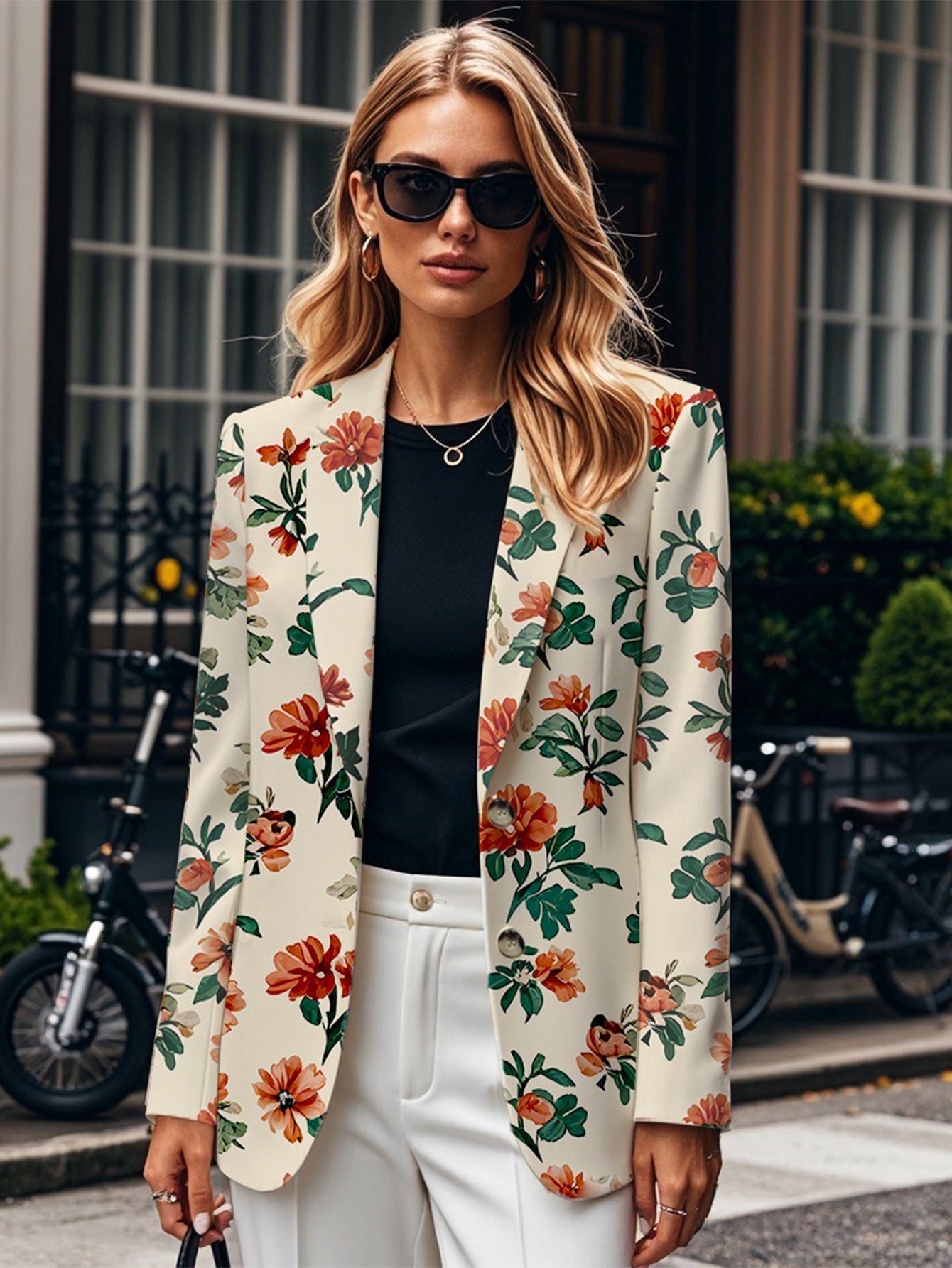 Apricot-colored, elegant floral office blazer by WOLFFMODE