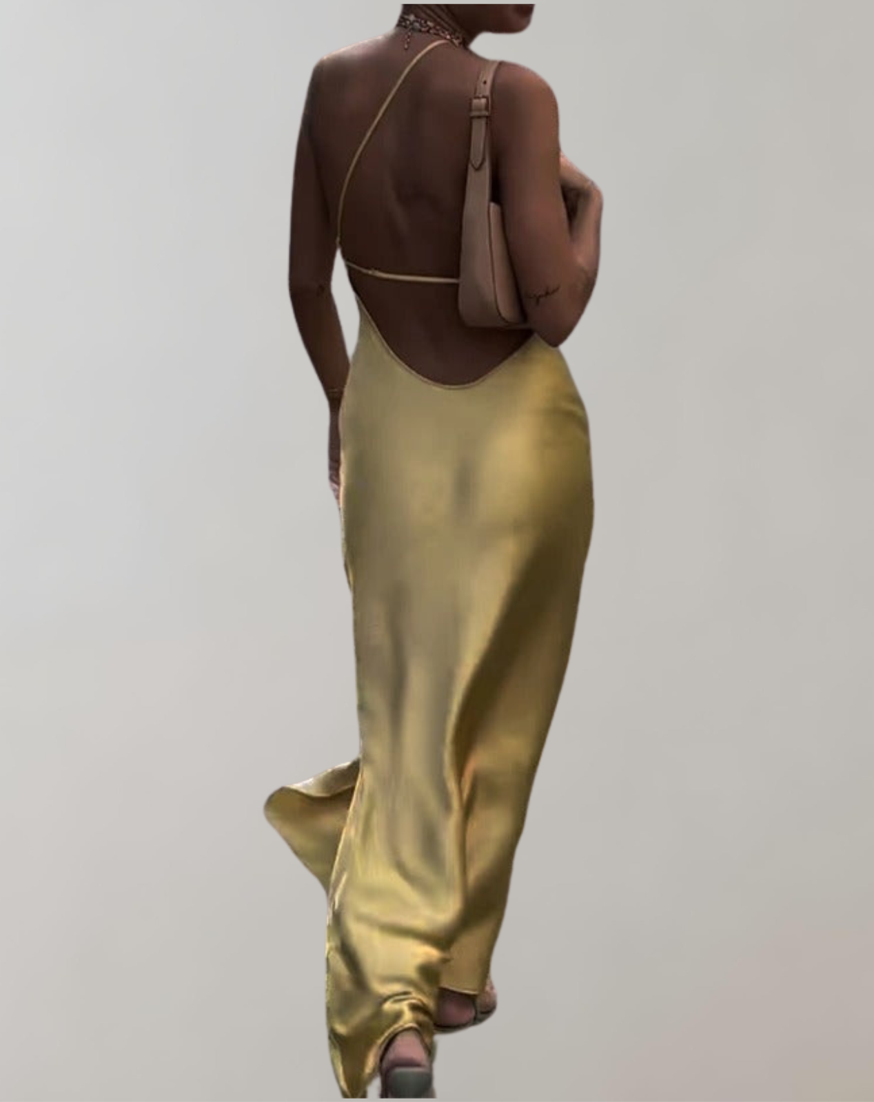 Goldenes Spitzen-Cocktailkleid mit Rückenausschnitt und Schlitz von WolffMode