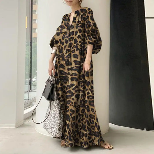 Sommerliches Oversize-Maxikleid mit Leopardenmuster, langen Ärmeln und stilvollem Design