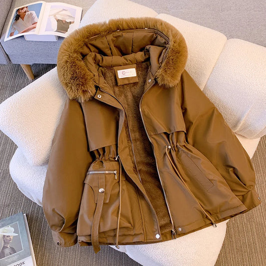 Warm fleece-lined coat with faux fur hood