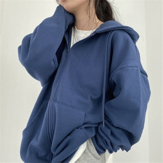 Oversized Solid Hooded Baseball Jacket with Zip and Pockets