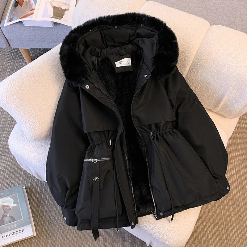 Warm fleece-lined coat with faux fur hood