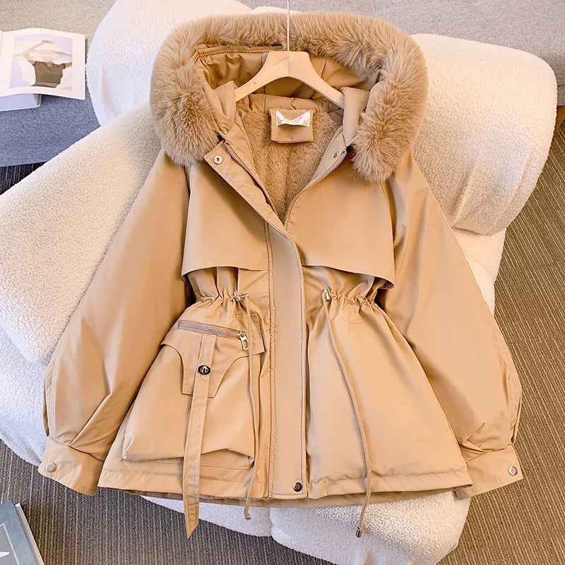 Warm fleece-lined coat with faux fur hood