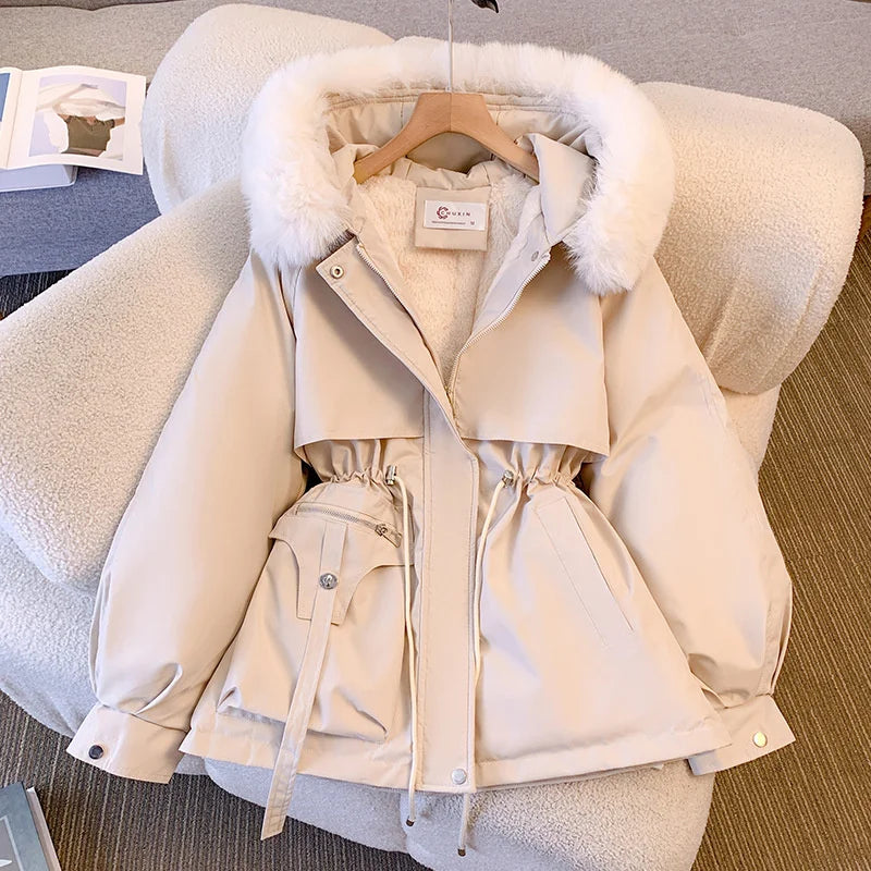 Warm fleece-lined coat with faux fur hood