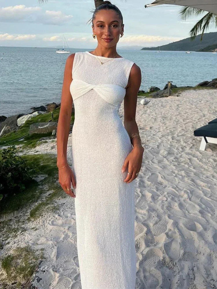 Modernes, ärmelloses Maxikleid aus Strick für Damen – perfekt für den Strand