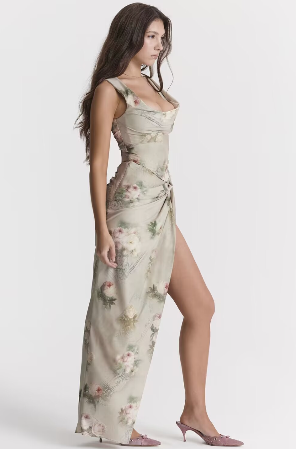 Blumenmuster-Maxikleid mit Korsett-Schnürung