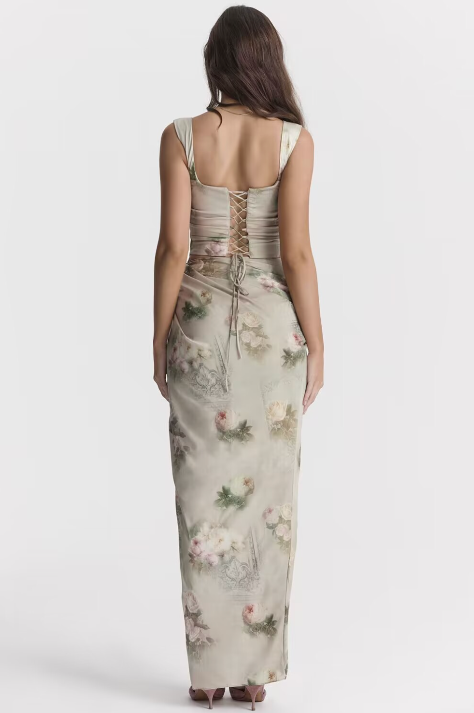 Blumenmuster-Maxikleid mit Korsett-Schnürung