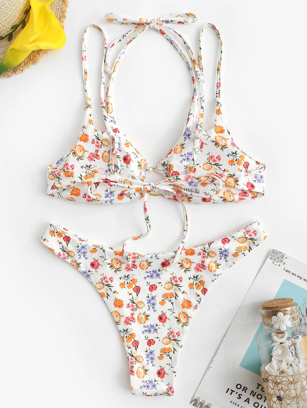 WolffMode High-Waisted Floral Print Summer O-Ring Bikini Bottom