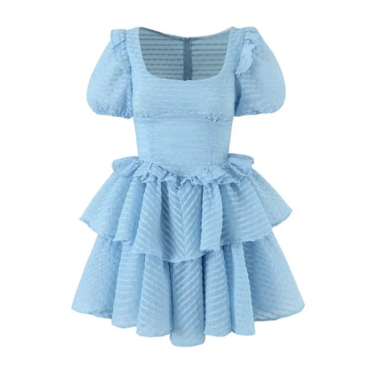 WolffMode Summer Polyester Dress in Blue and White