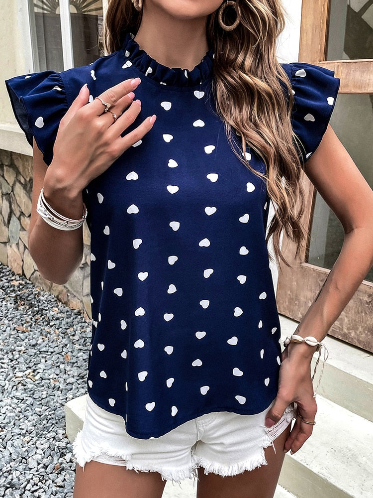 WolffMode Casual Blouse: Short-sleeved Summer Blouse with Heart Print