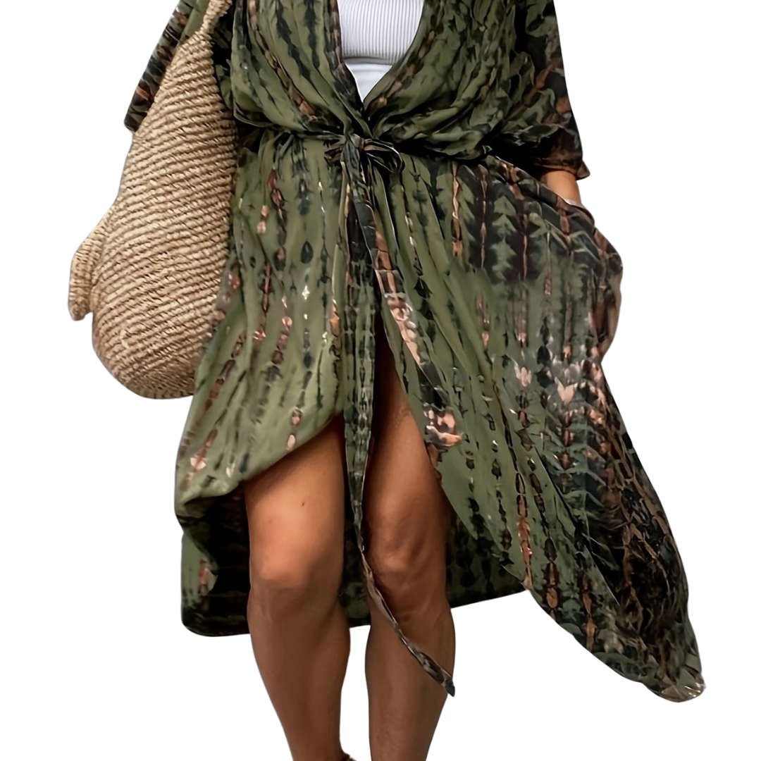 Loose-Fitting WolffMode Midi Kimono with Boho Allover Print