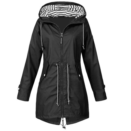 Wasserdichter Damen-Hoodie-Trenchcoat von WOLFFMODE mit Kordelzug, Reißverschluss und Taschen