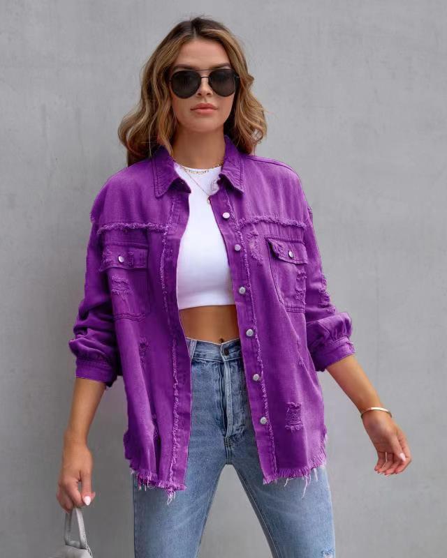 Women's Casual Destroyed Shirt Jacket for Spring and Autumn