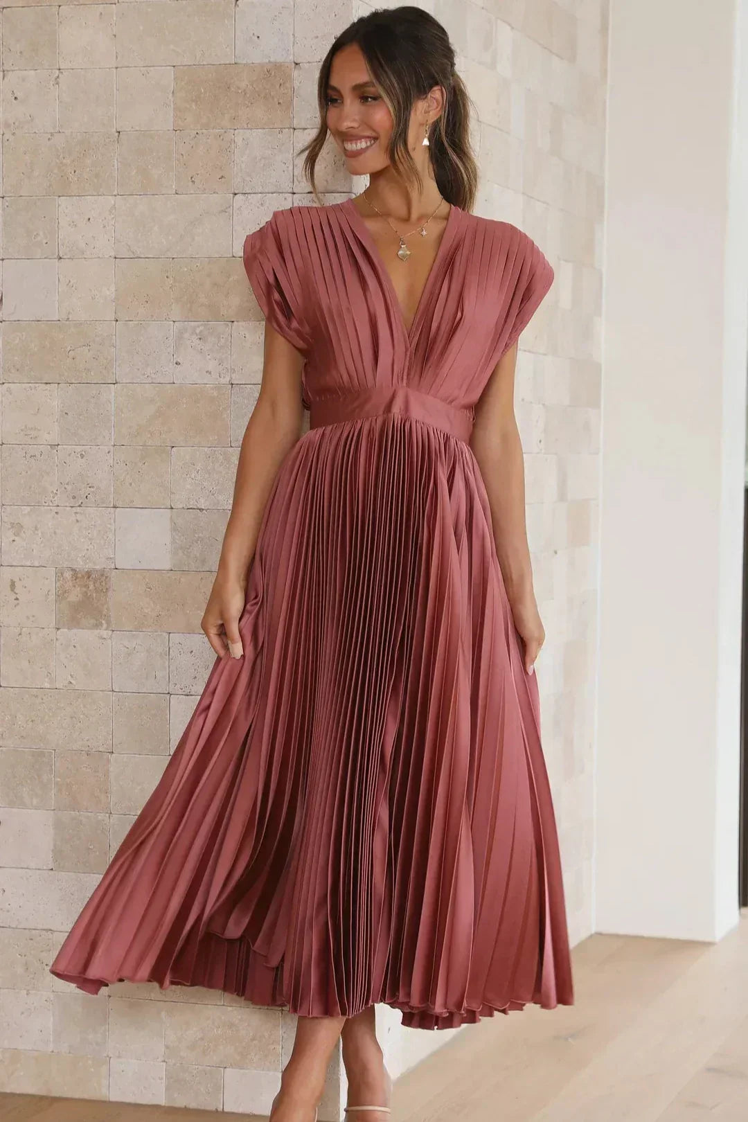 Aisha Midi Dress by WOLFFMODE: Elegant Pleated Style for Special Occasions