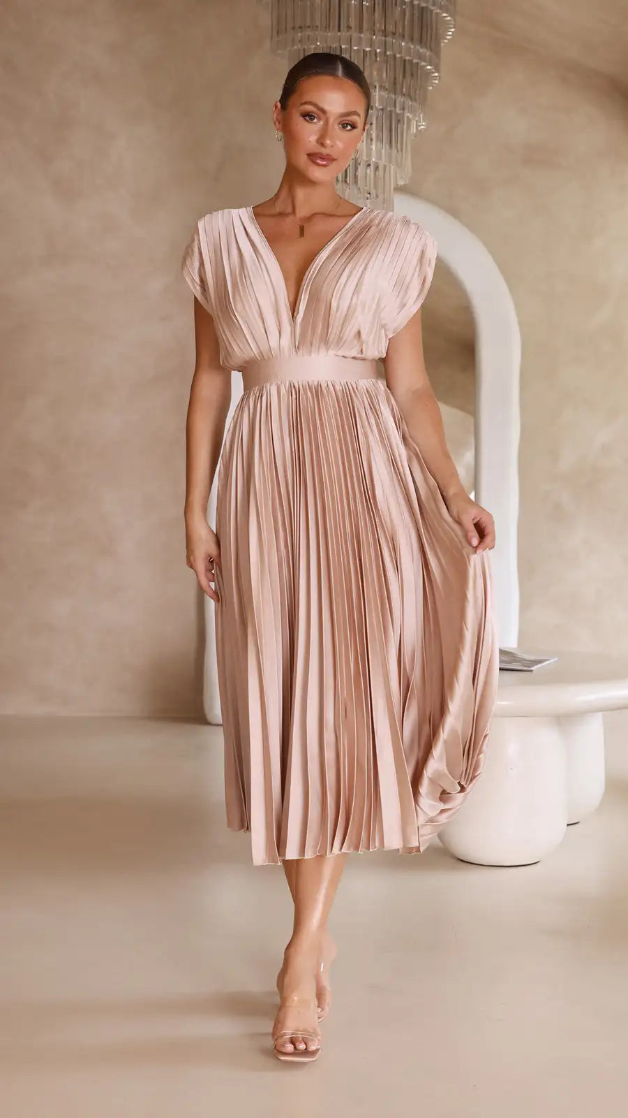 Aisha Midi Dress by WOLFFMODE: Elegant Pleated Style for Special Occasions