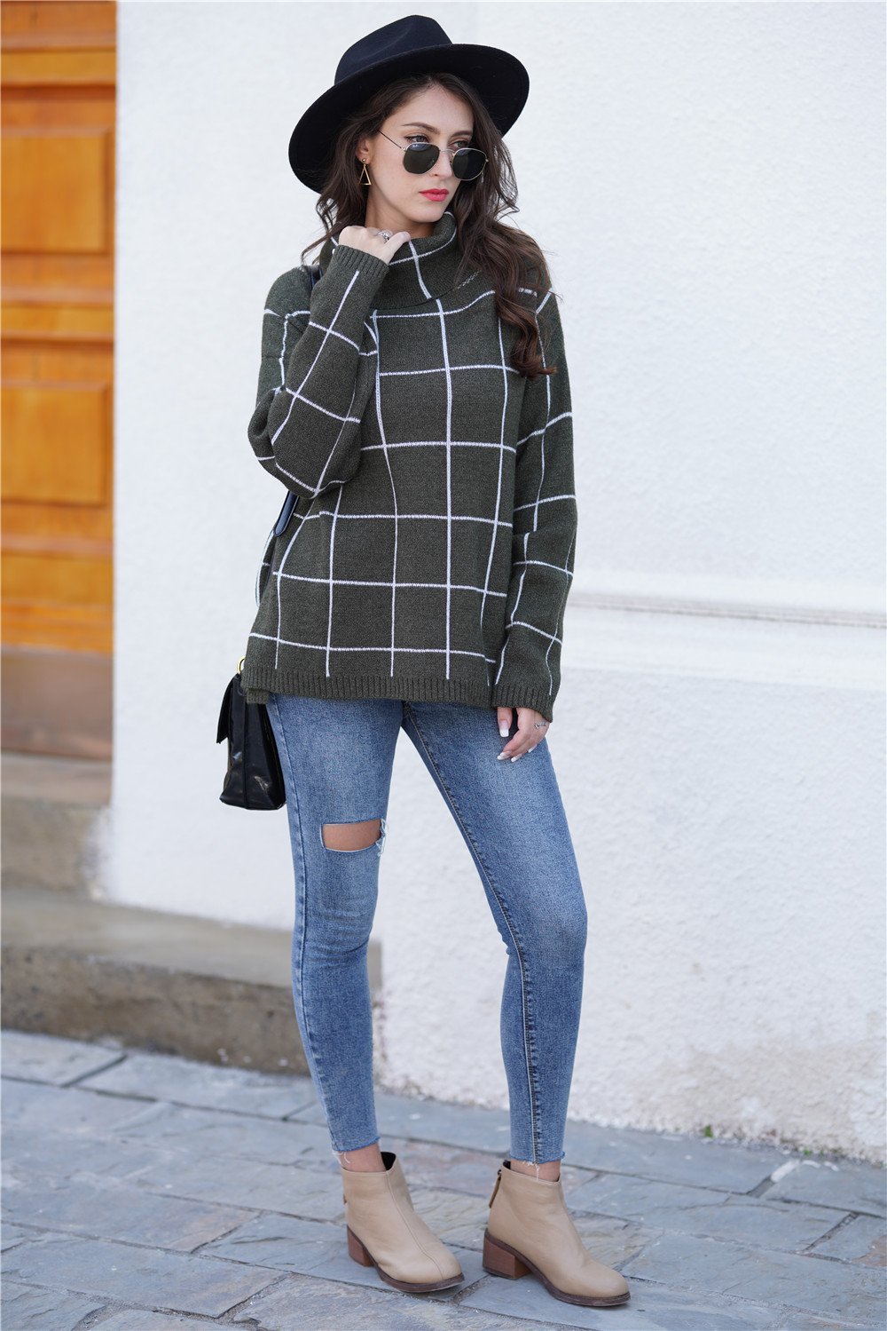 Stylish Oversized Plaid Turtleneck Sweater - Khaki