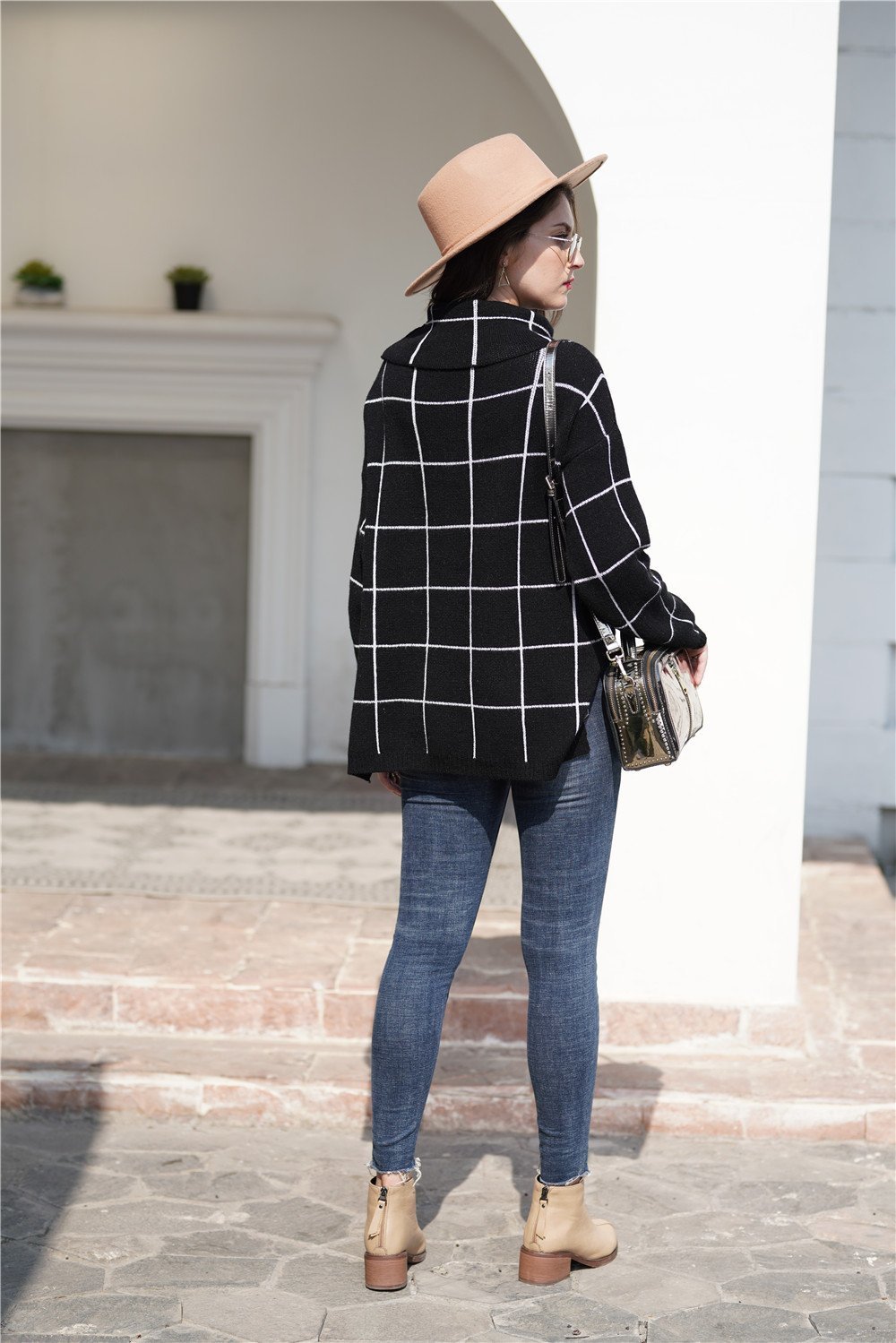 Stylish Oversized Plaid Turtleneck Sweater - Khaki