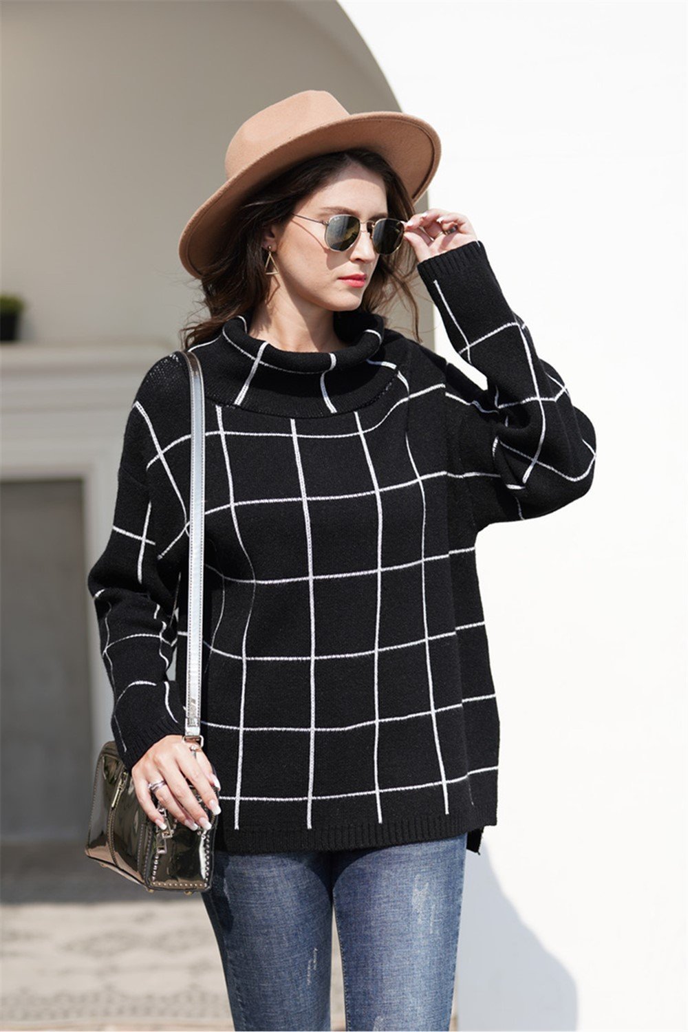 Stylish Oversized Plaid Turtleneck Sweater - Khaki