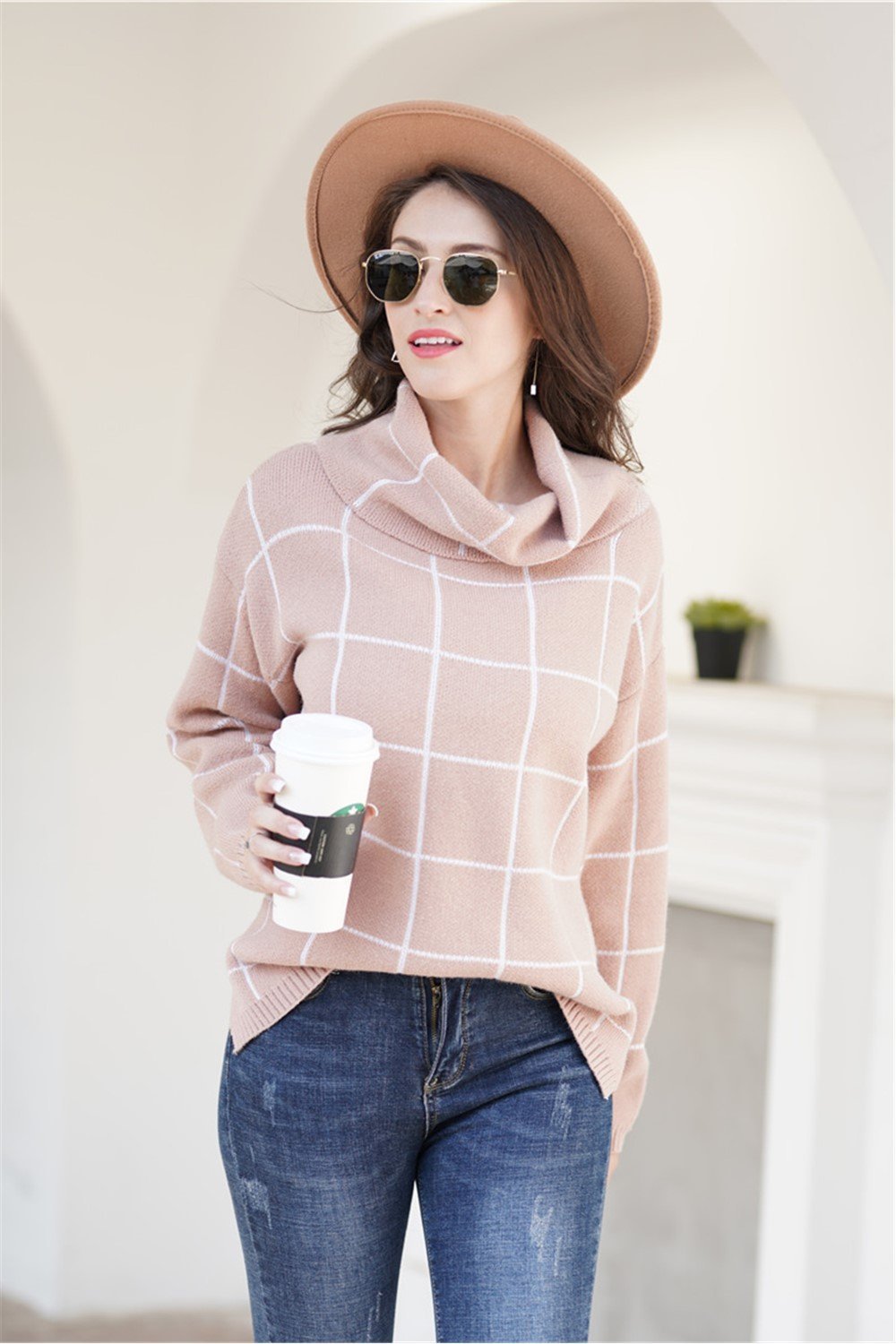 Stylish Oversized Plaid Turtleneck Sweater - Khaki