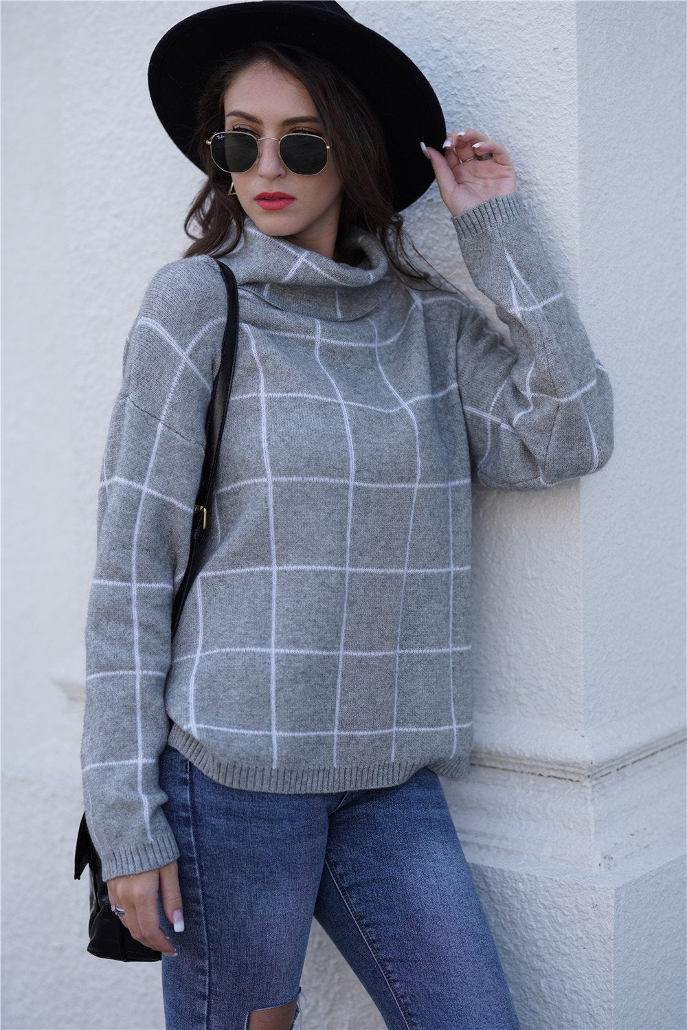 Stylish Oversized Plaid Turtleneck Sweater - Khaki