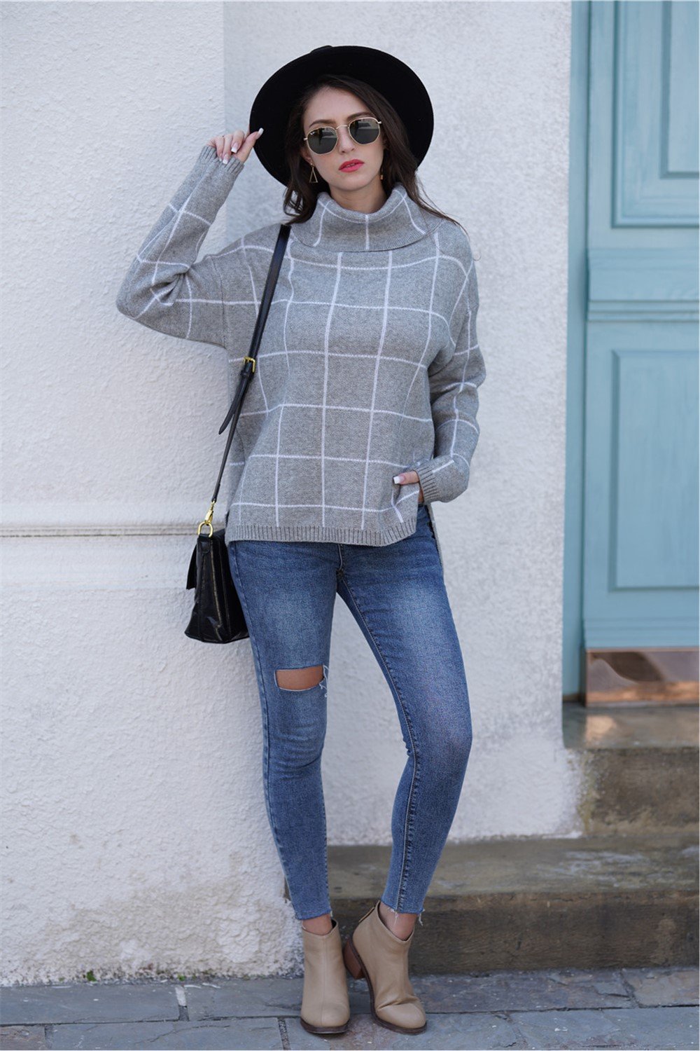 Stylish Oversized Plaid Turtleneck Sweater - Khaki