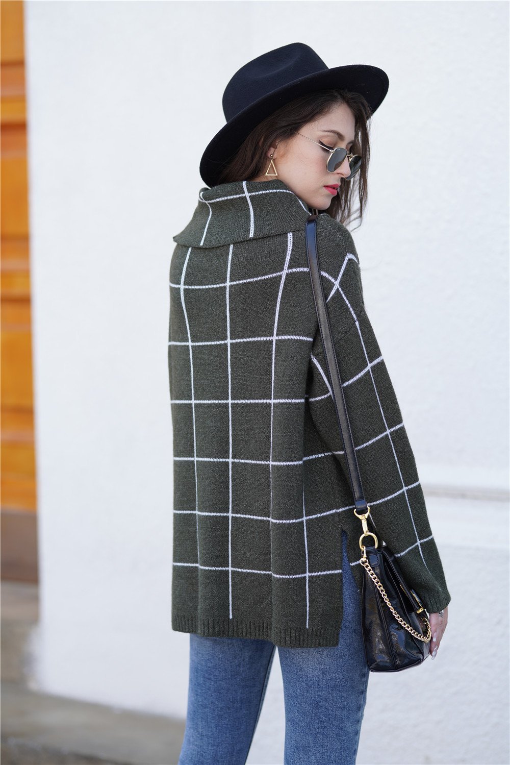 Stylish Oversized Plaid Turtleneck Sweater - Khaki