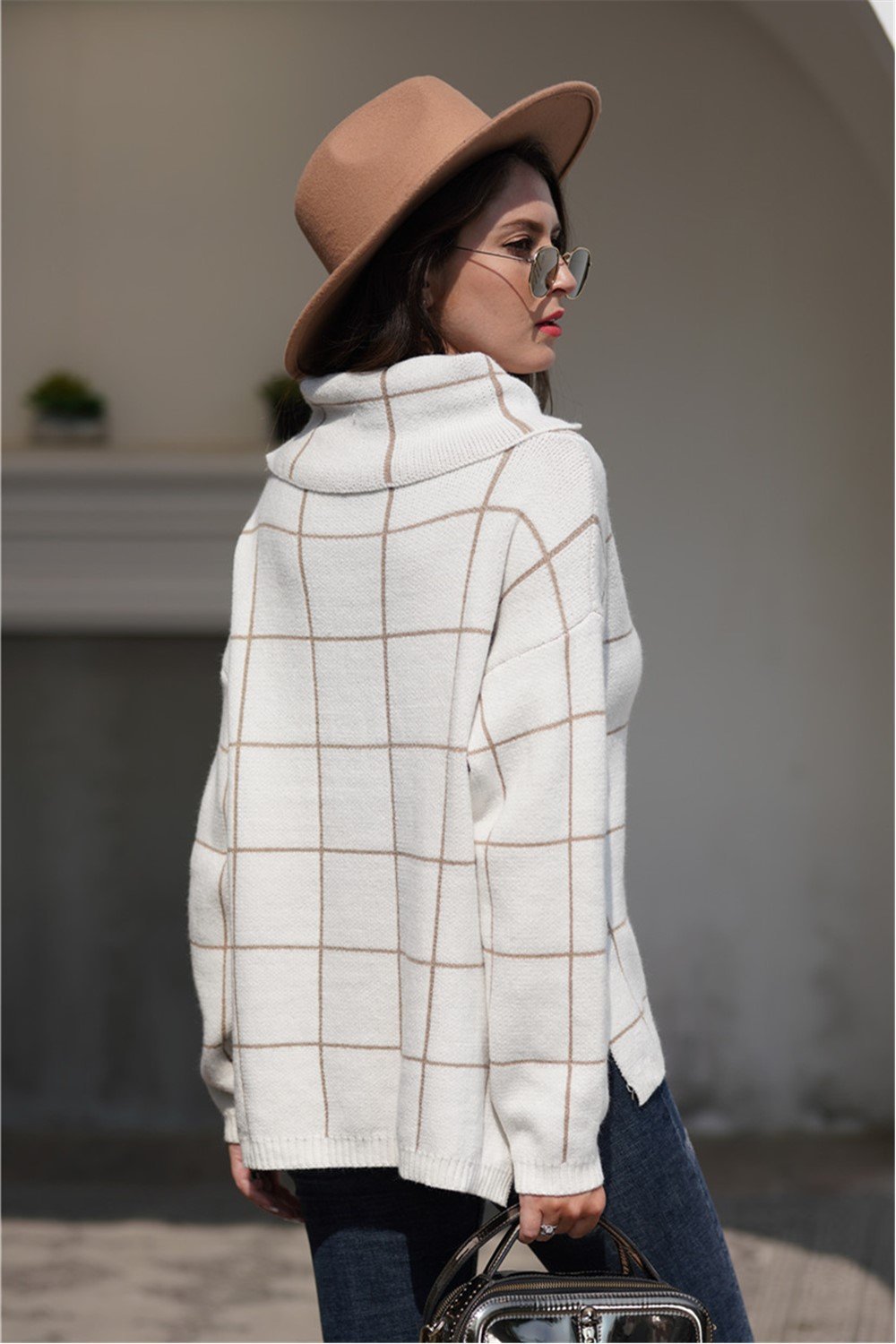 Stylish Oversized Plaid Turtleneck Sweater - Khaki