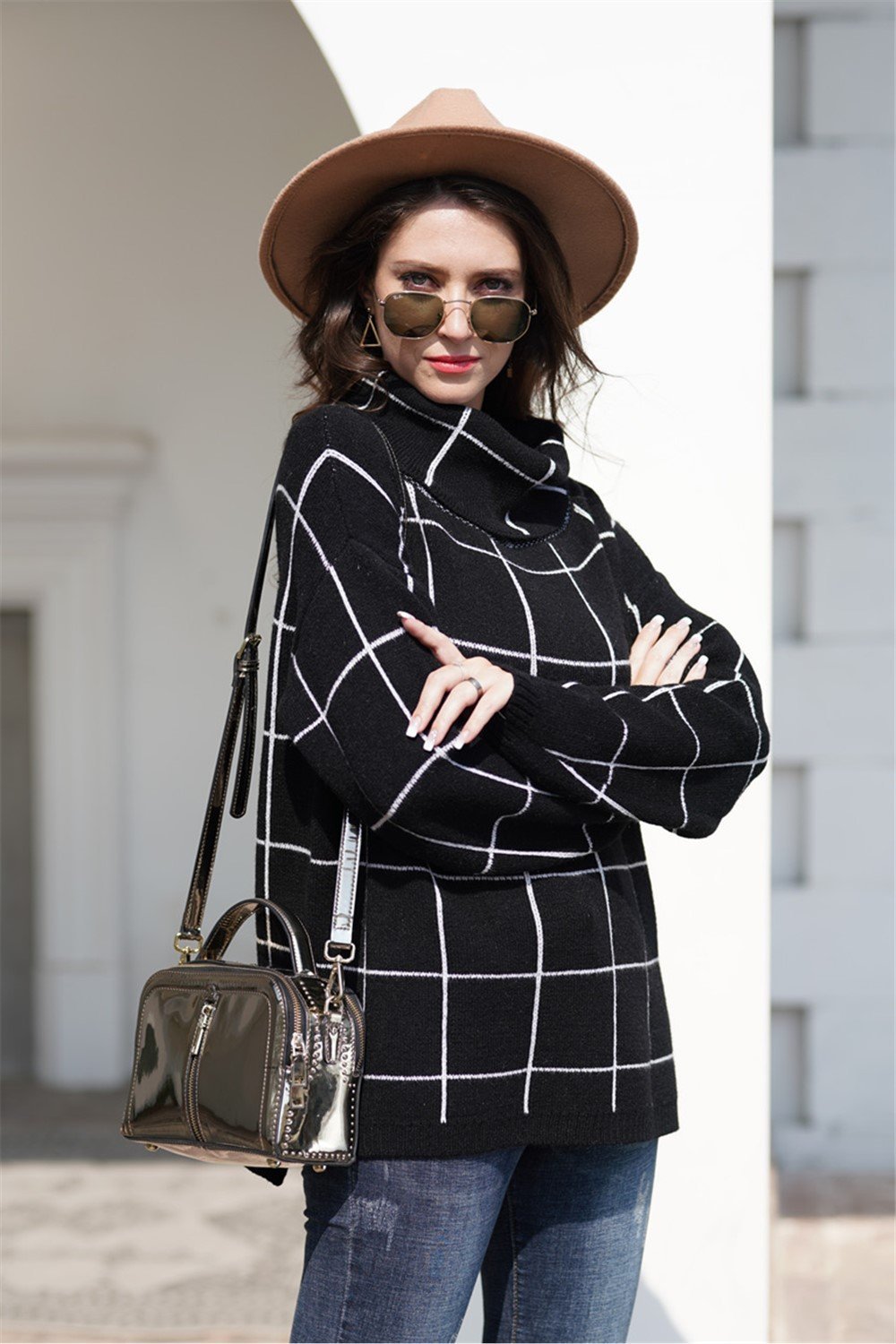 Stylish Oversized Plaid Turtleneck Sweater - Khaki