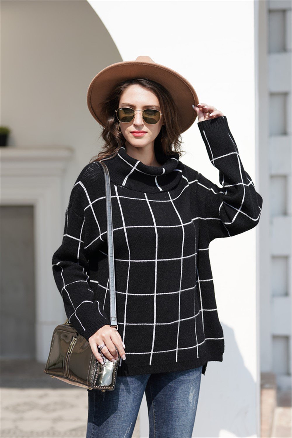 Stylish Oversized Plaid Turtleneck Sweater - Khaki