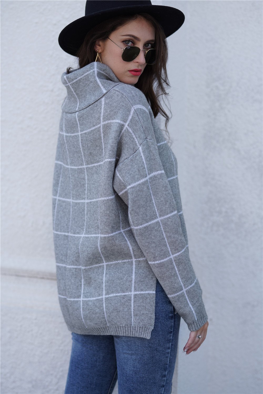 Stylish Oversized Plaid Turtleneck Sweater - Khaki