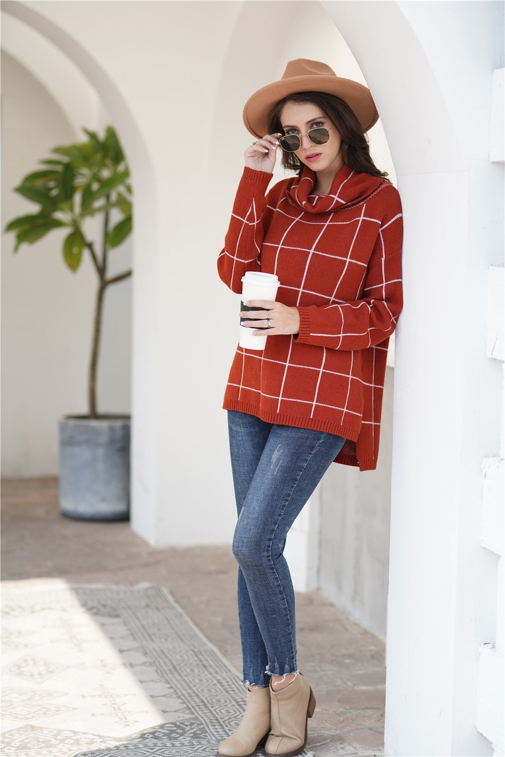 Stylish Oversized Plaid Turtleneck Sweater - Khaki